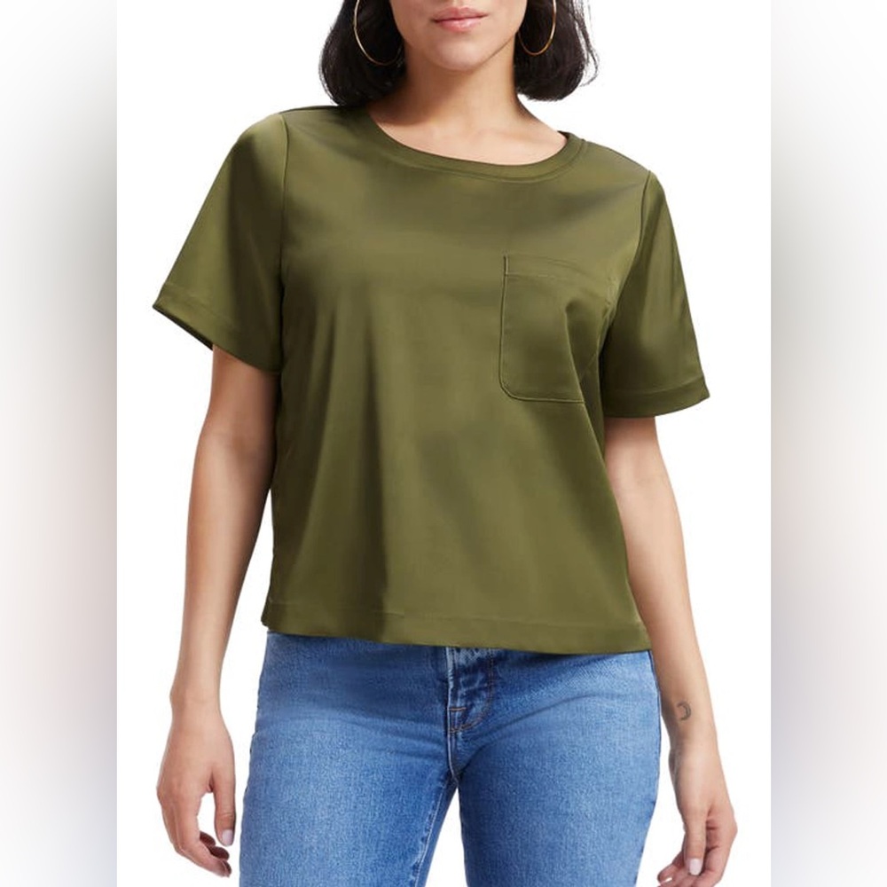 Good American‎ Stretch Satin Pocket T-Shirt Juniper Green Boxy Short Sleeve Top